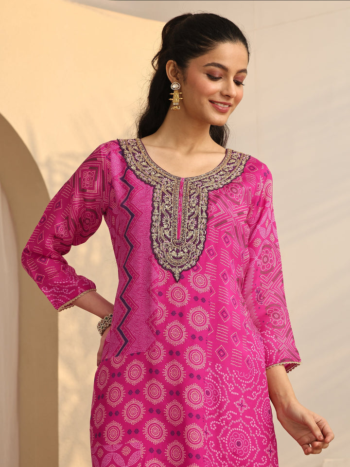 Magenta Bandhani Printed Organza Suit Set With Dupatta