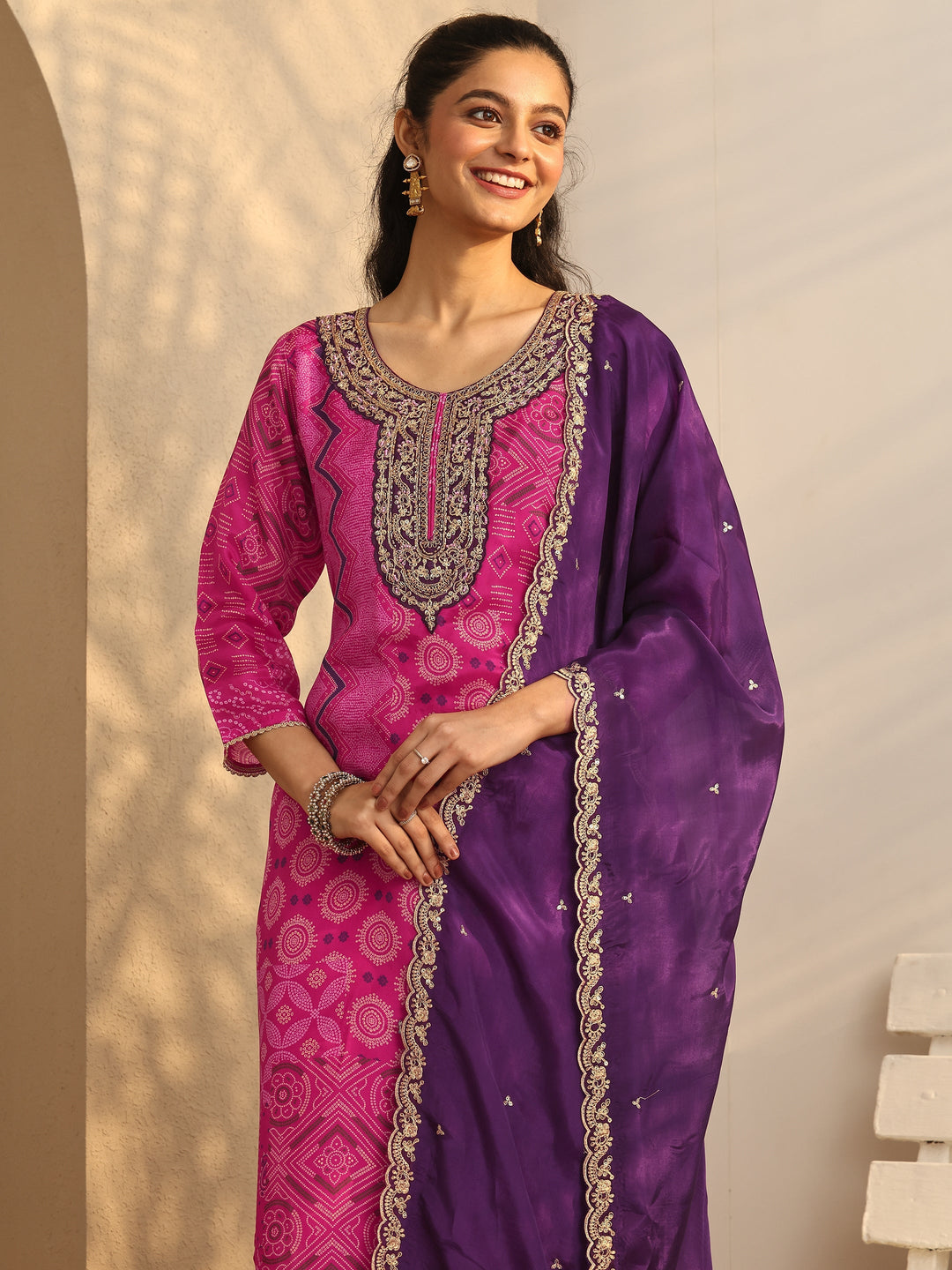 Magenta Bandhani Printed Organza Suit Set With Dupatta