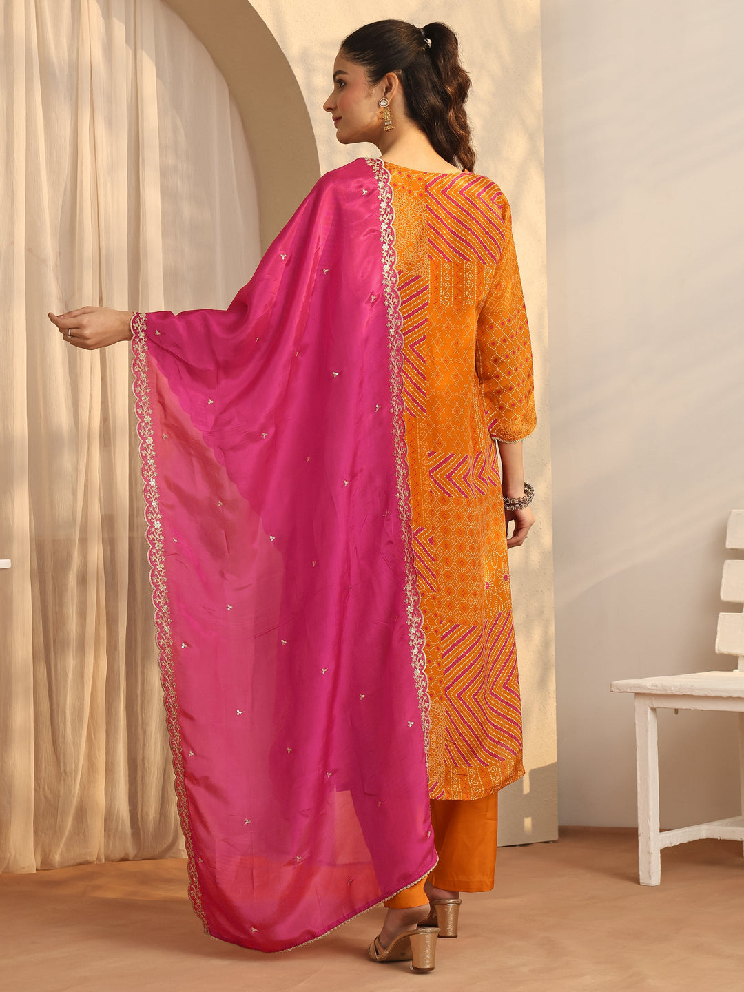 Mustard Bandhani Printed Organza Suit Set With Dupatta