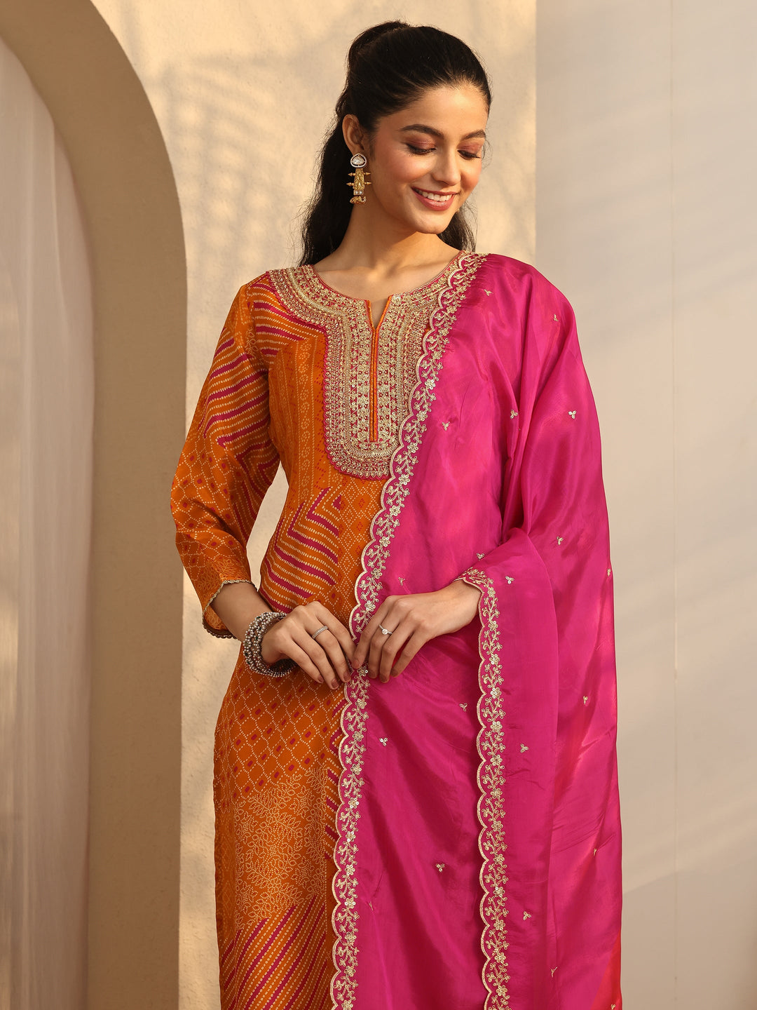 Mustard Bandhani Printed Organza Suit Set With Dupatta