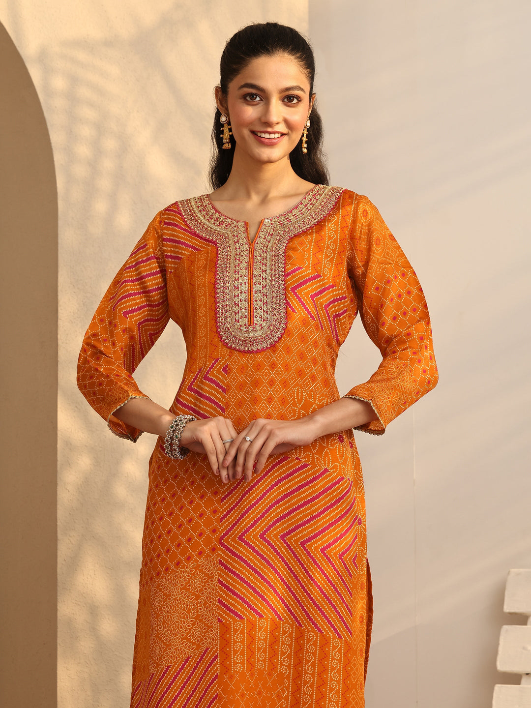 Mustard Bandhani Printed Organza Suit Set With Dupatta