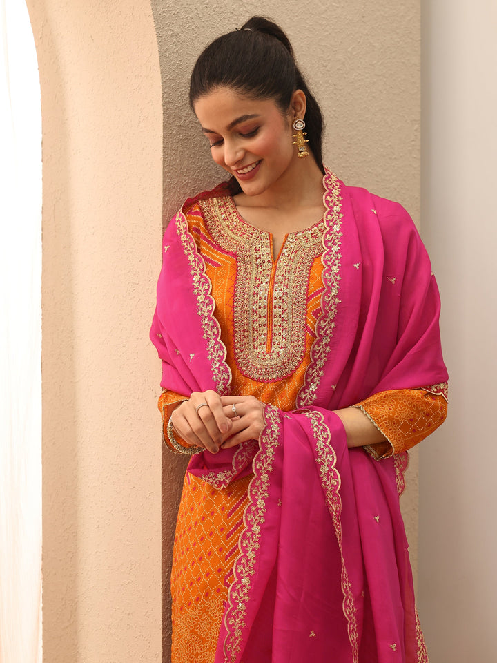 Mustard Bandhani Printed Organza Suit Set With Dupatta