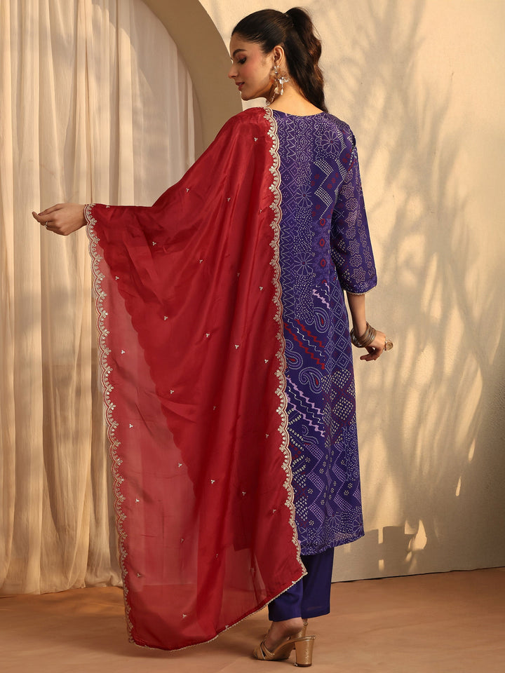 Purple Bandhani Printed Organza Suit Set With Dupatta