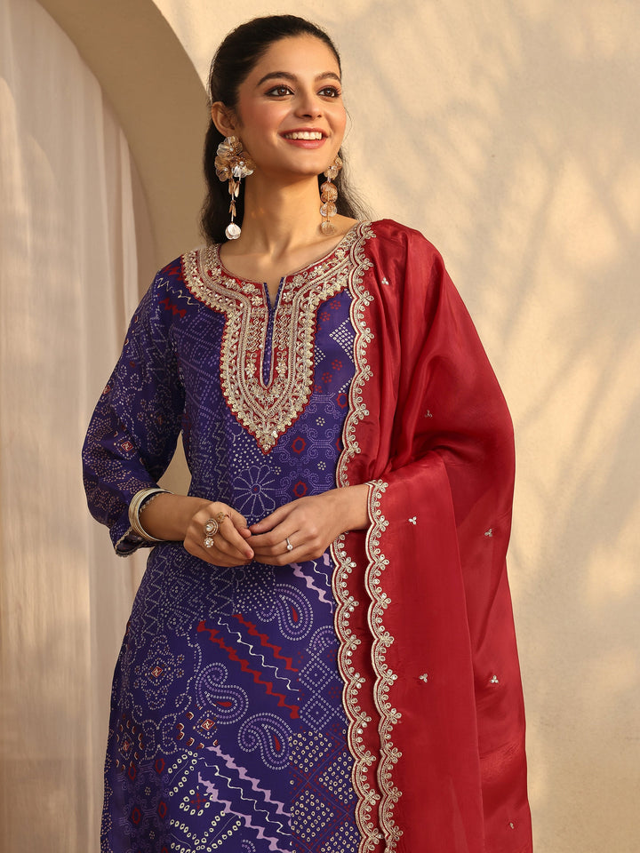 Purple Bandhani Printed Organza Suit Set With Dupatta