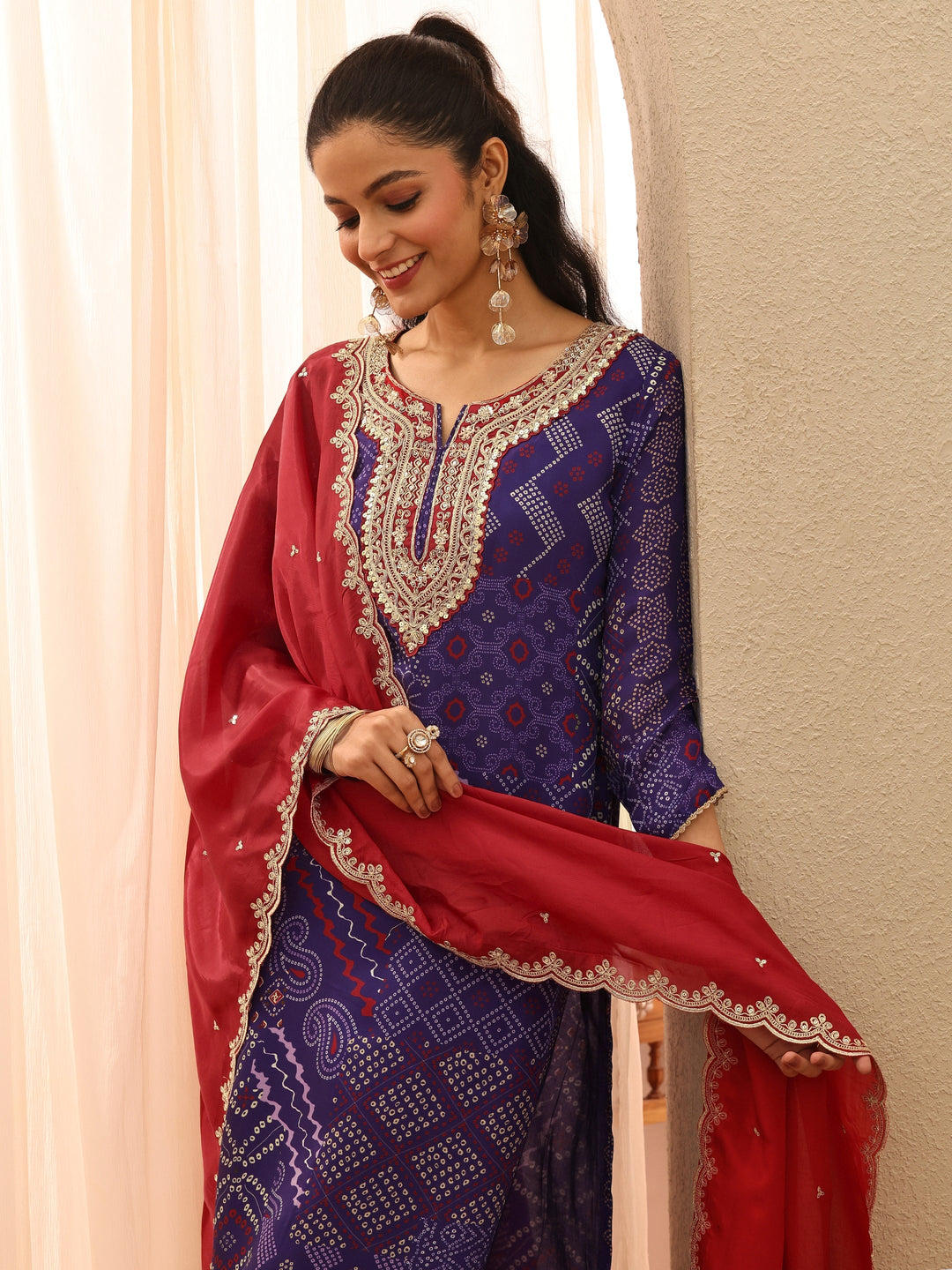 Purple Bandhani Printed Organza Suit Set With Dupatta