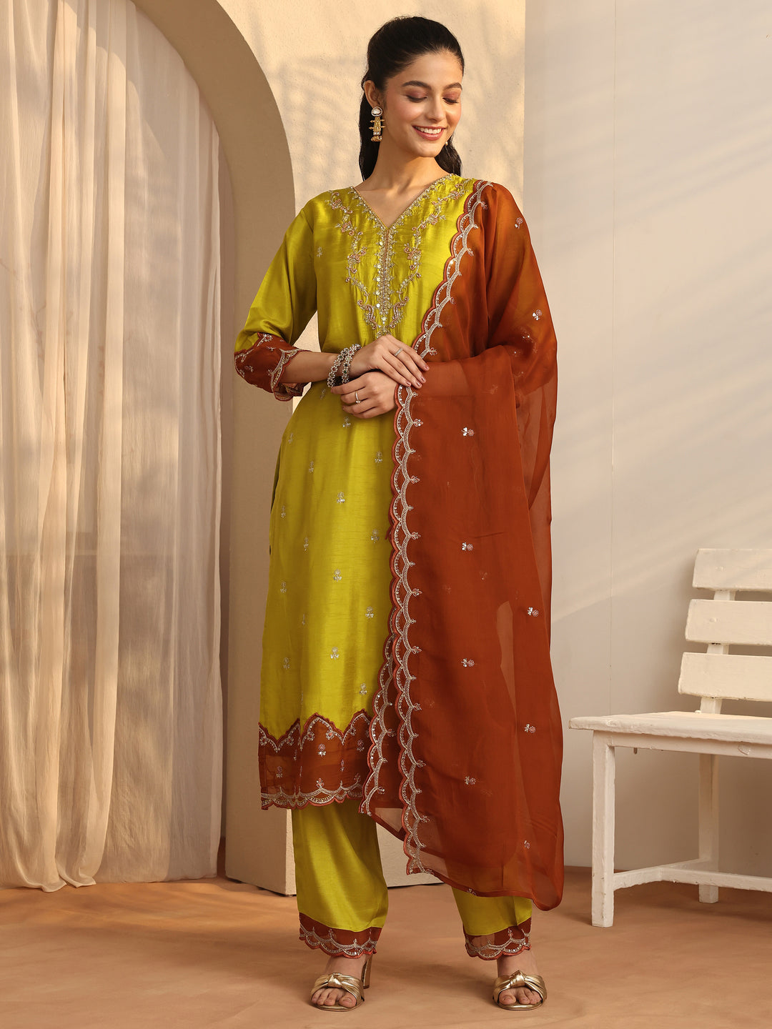 Lime Green Embroidered Organza Straight Suit Set With Dupatta