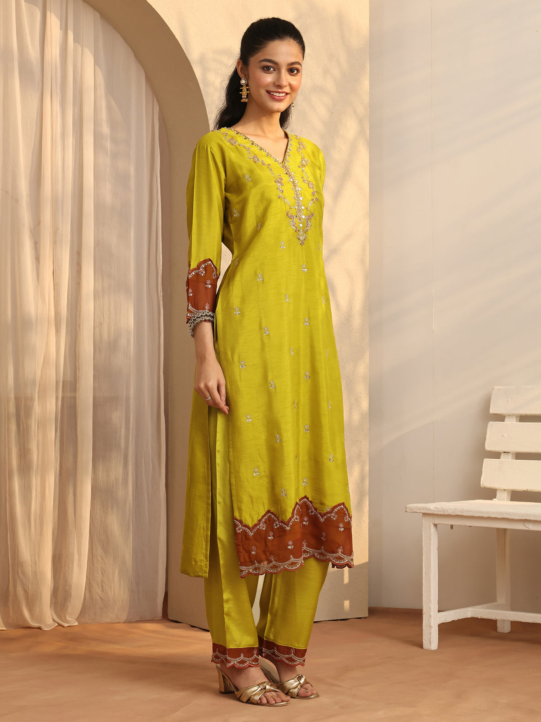 Lime Green Embroidered Organza Straight Suit Set With Dupatta
