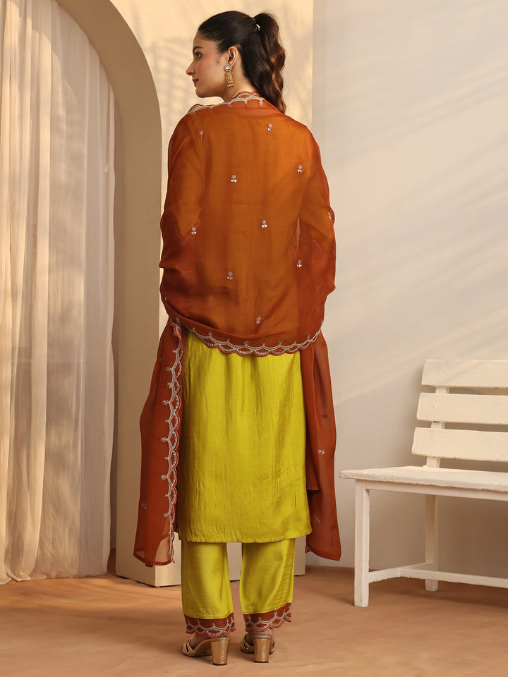 Lime Green Embroidered Organza Straight Suit Set With Dupatta