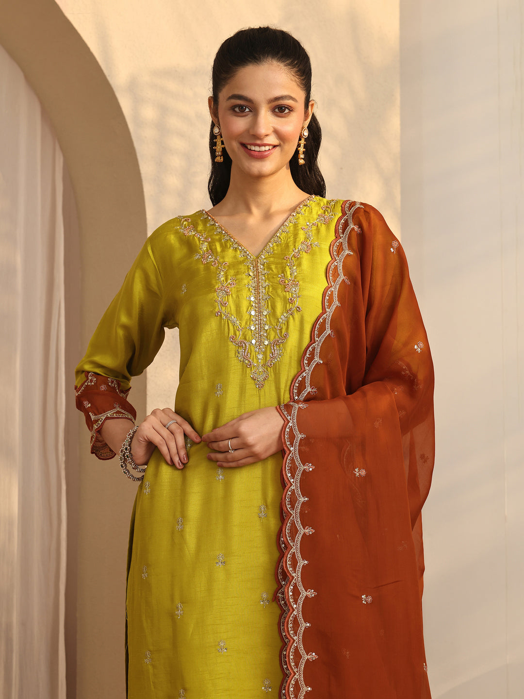 Lime Green Embroidered Organza Straight Suit Set With Dupatta