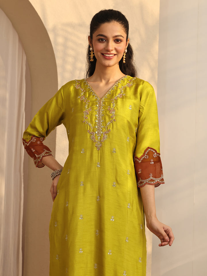 Lime Green Embroidered Organza Straight Suit Set With Dupatta