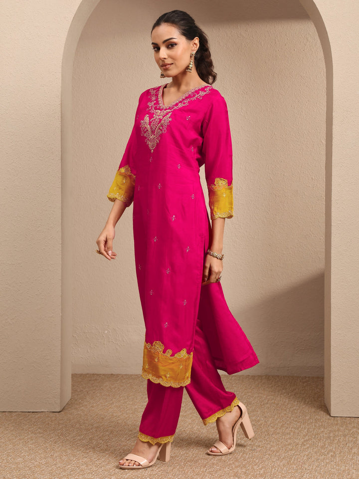 Pink Embroidered Silk Blend Straight Suit Set With Dupatta