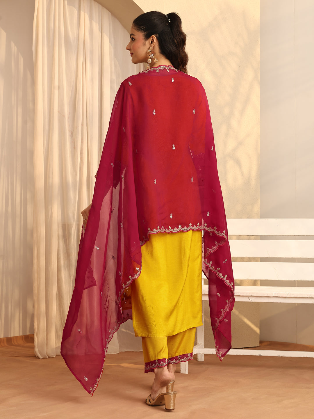 Mustard Embroidered Silk Blend Straight Suit Set With Dupatta