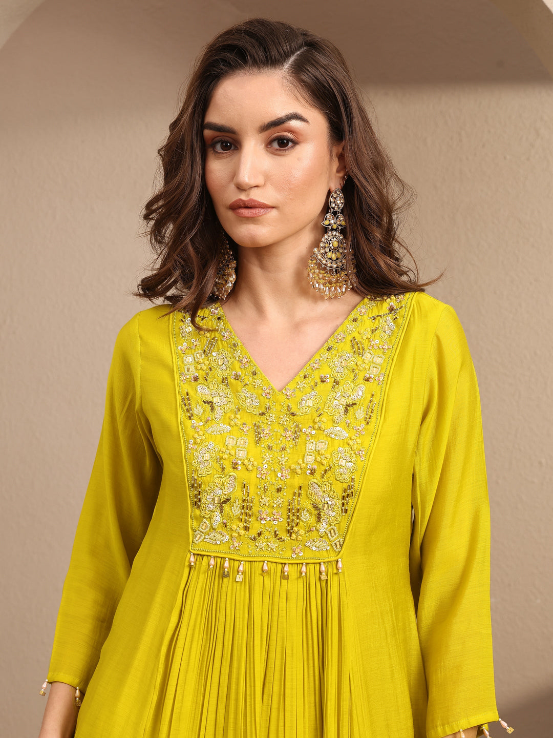 Lime green Embroidered Silk blend Anarkali Suit Set With Dupatta