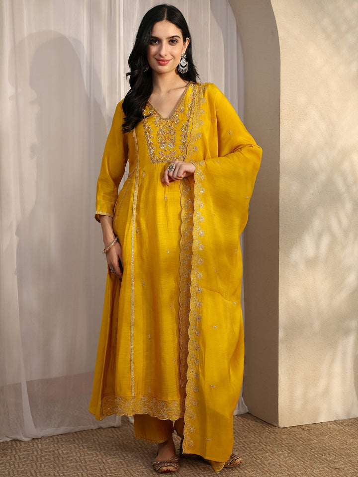 Yellow Embroidered Silk Blend A-Line Suit Set With Dupatta