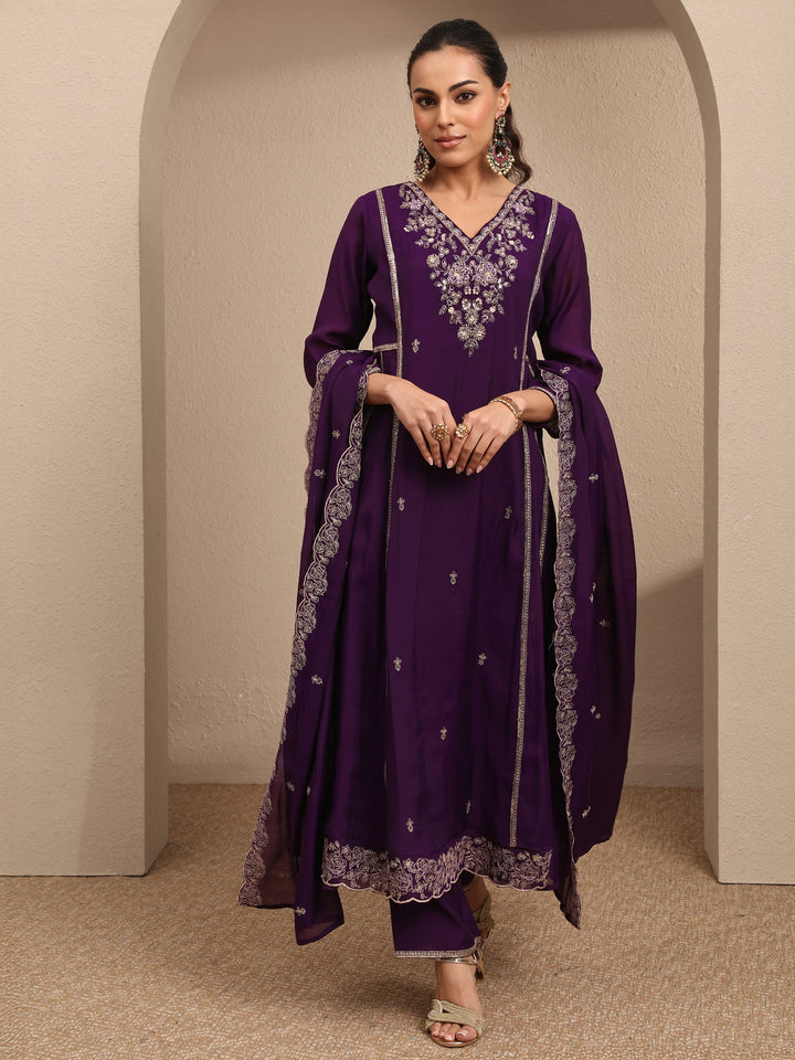 Purple Embroidered Silk Blend A-line Suit Set With Dupatta