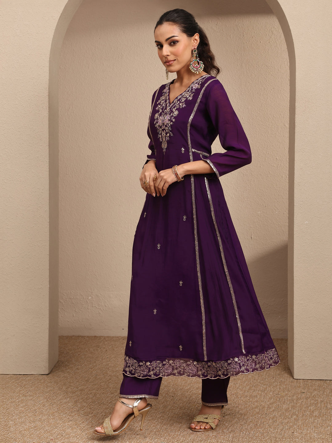Purple Embroidered Silk Blend A-line Suit Set With Dupatta