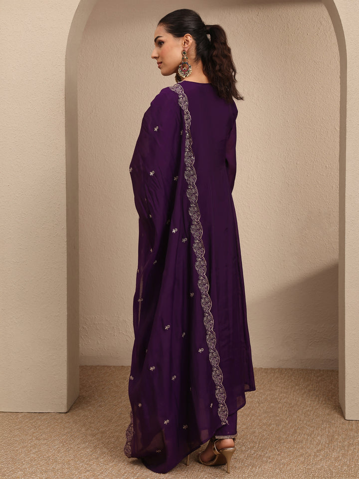 Purple Embroidered Silk Blend A-line Suit Set With Dupatta