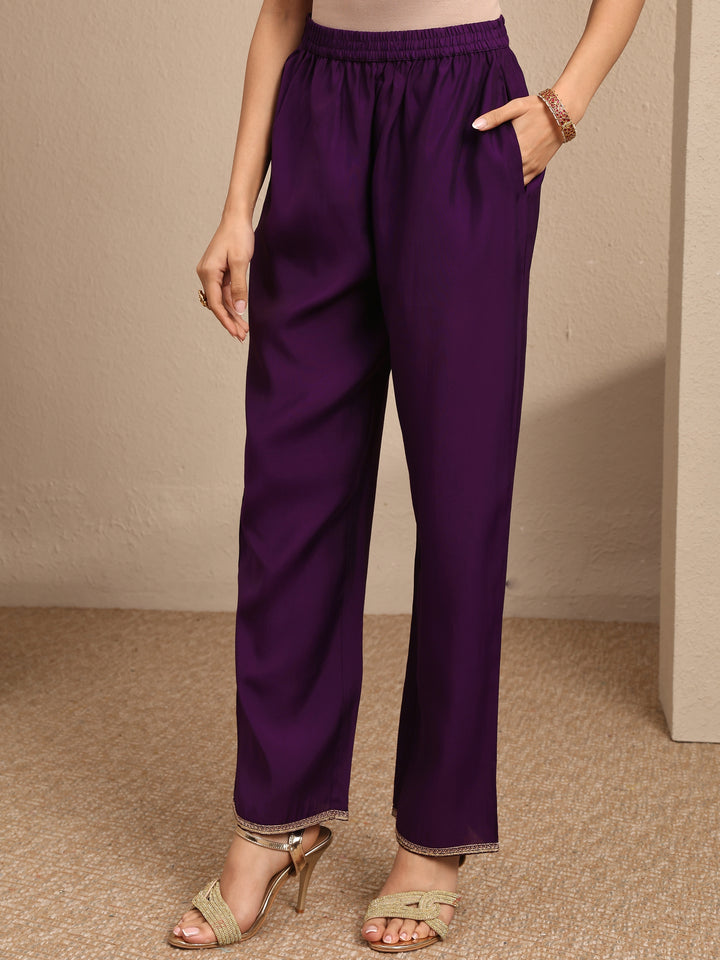 Purple Embroidered Silk Blend A-line Suit Set With Dupatta