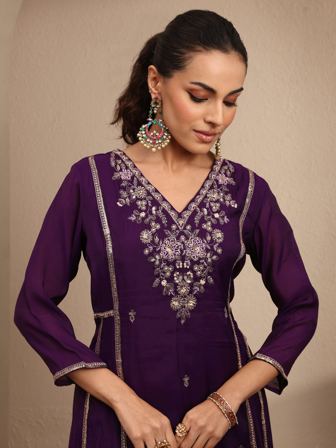 Purple Embroidered Silk Blend A-line Suit Set With Dupatta