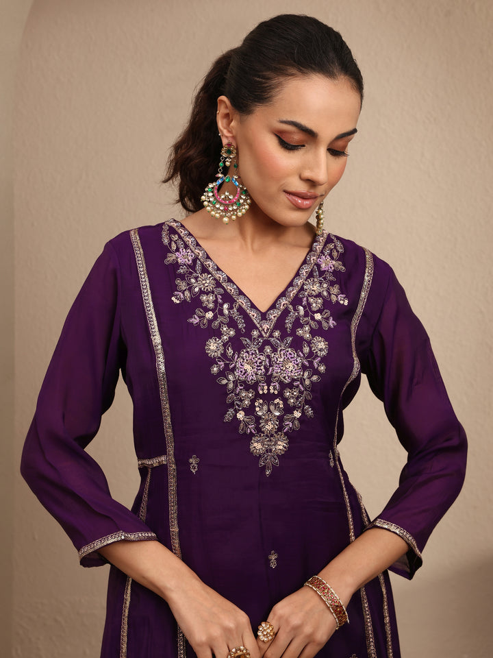 Purple Embroidered Silk Blend A-line Suit Set With Dupatta