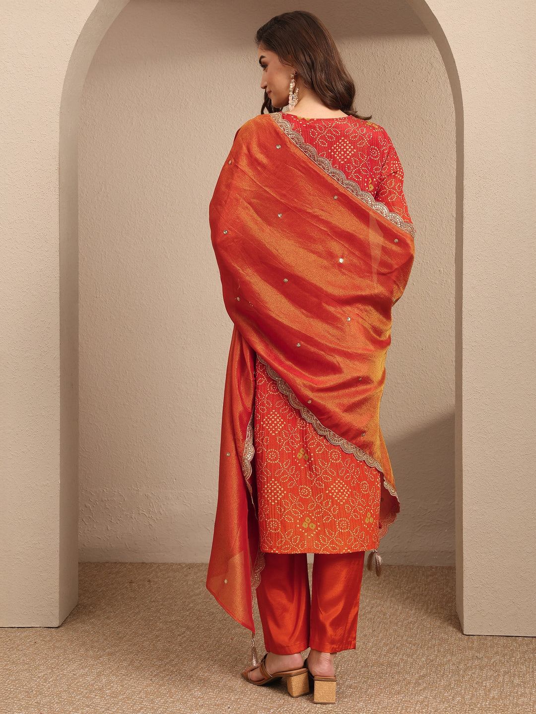 Orange Bandhani Printed Silk Blend Suit Set With Dupatta