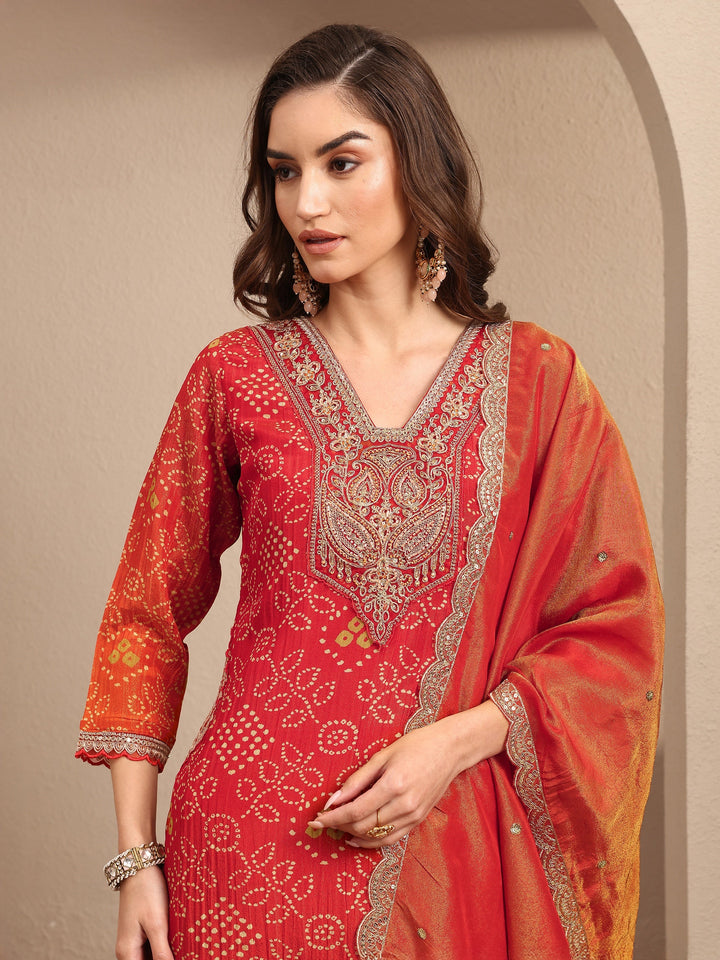 Orange Bandhani Printed Silk Blend Suit Set With Dupatta