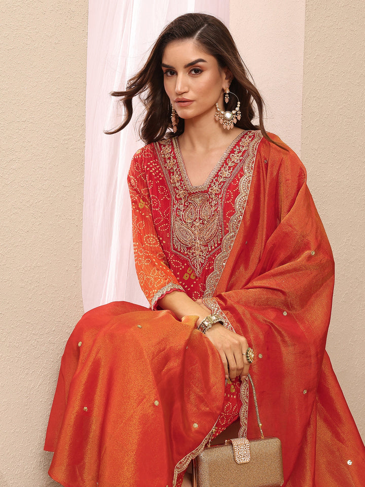 Orange Bandhani Printed Silk Blend Suit Set With Dupatta