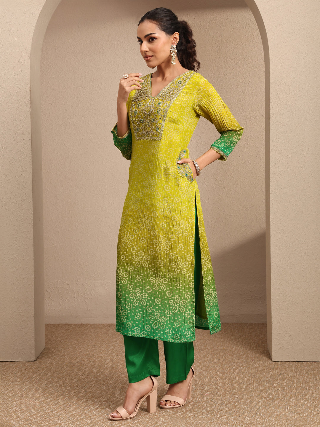 Lime Green Bandhani Printed Silk Blend Suit Set With Dupatta