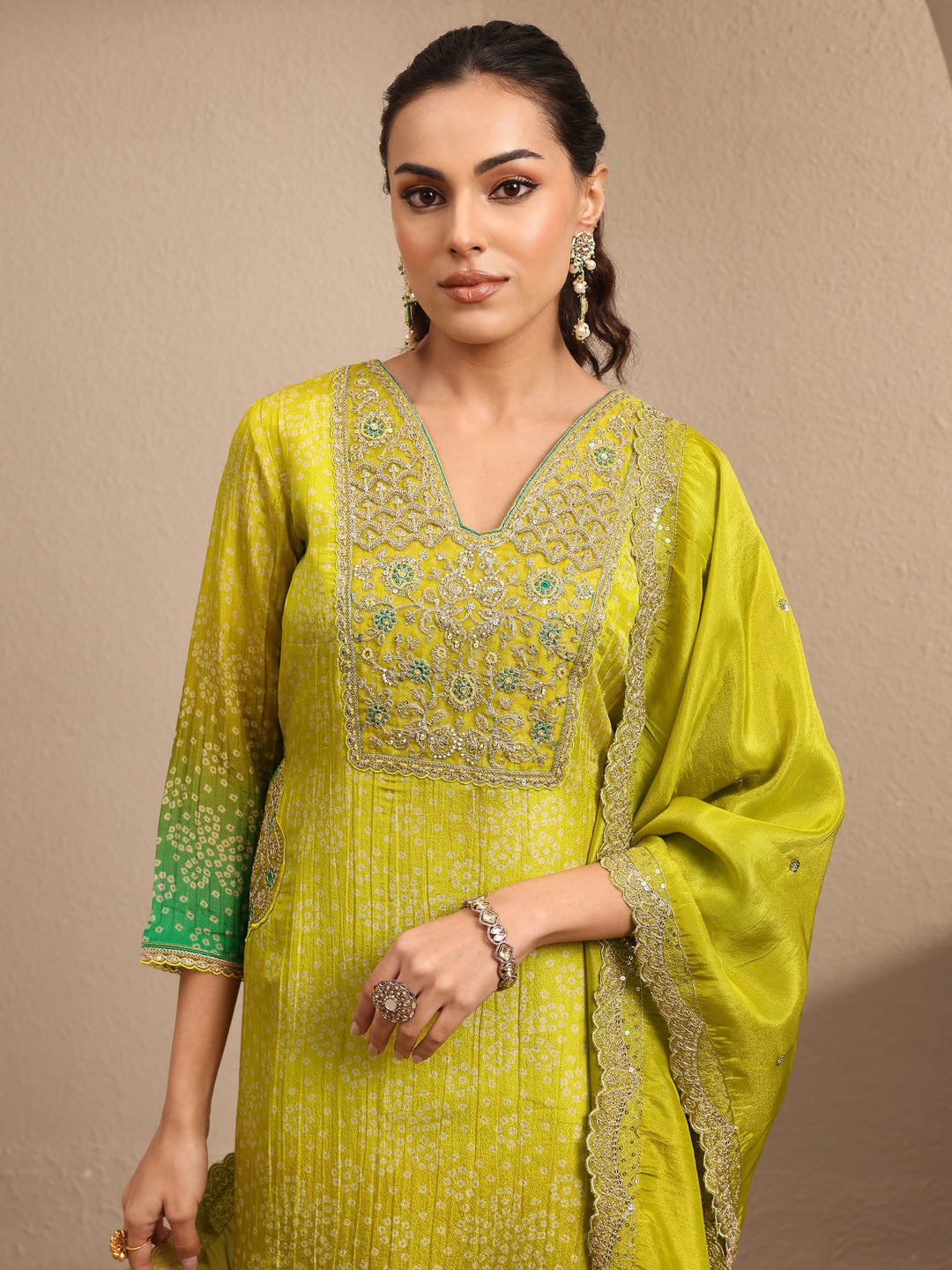 Lime Green Bandhani Printed Silk Blend Suit Set With Dupatta