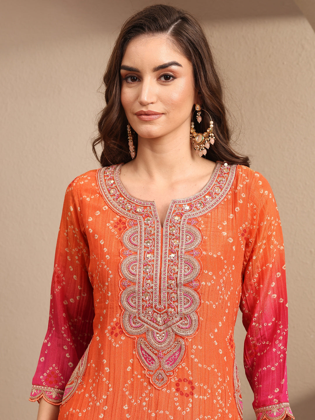 Orange Bandhani Printed Silk Blend Suit Set With Dupatta