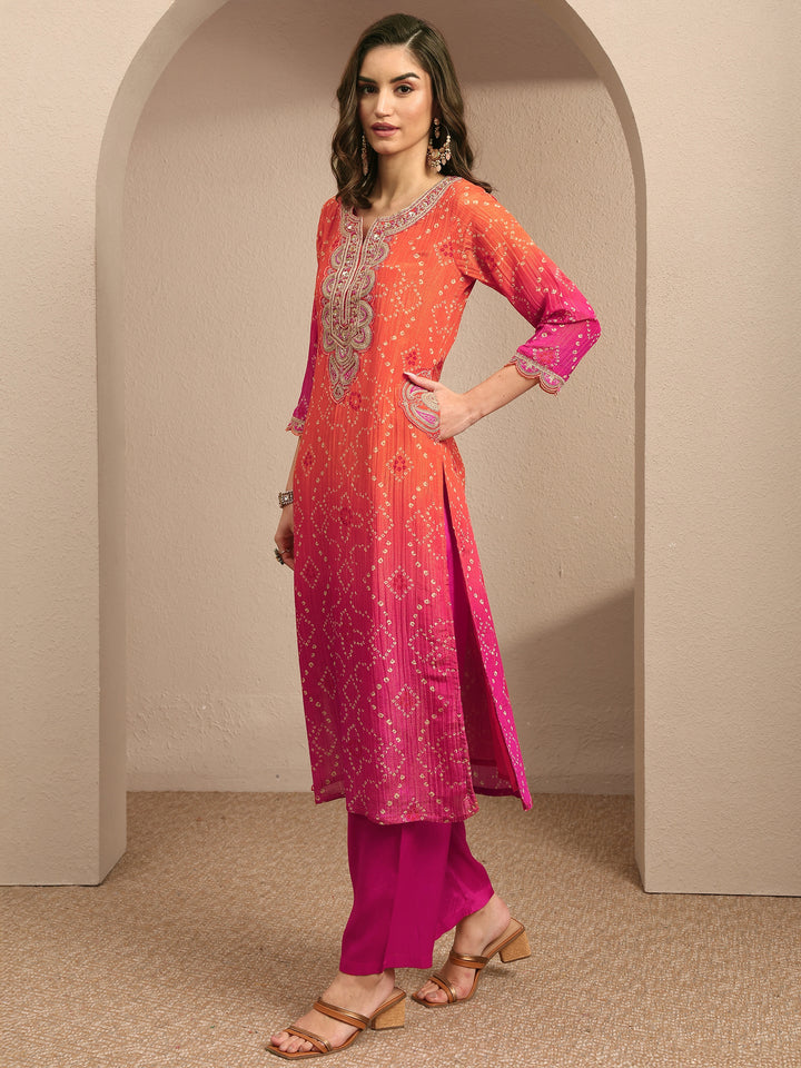 Orange Bandhani Printed Silk Blend Suit Set With Dupatta