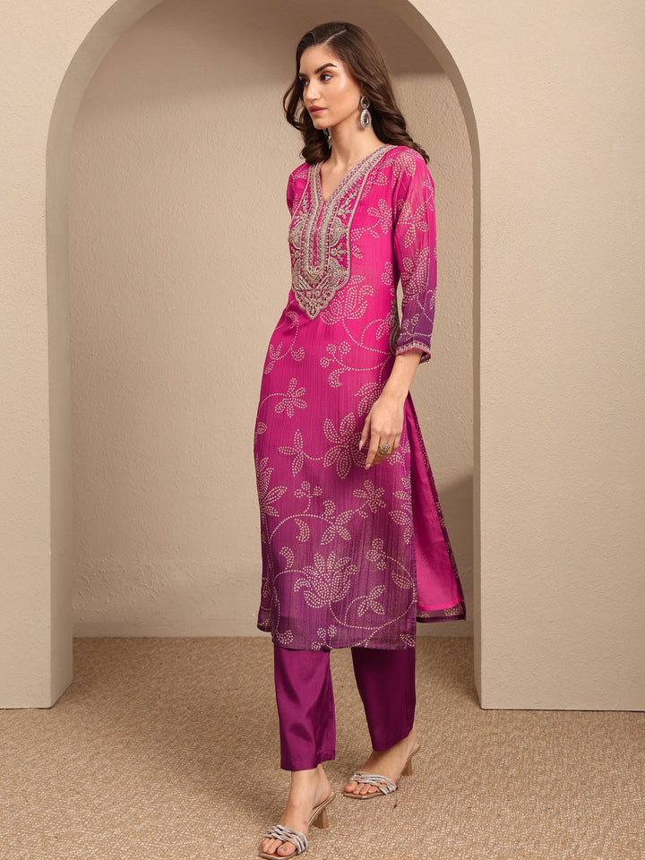Pink Bandhani Printed Silk blend Straight Suit Set With Dupatta