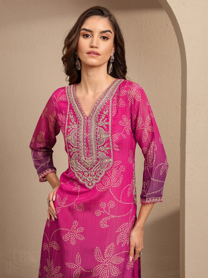 Pink Bandhani Printed Silk blend Straight Suit Set With Dupatta