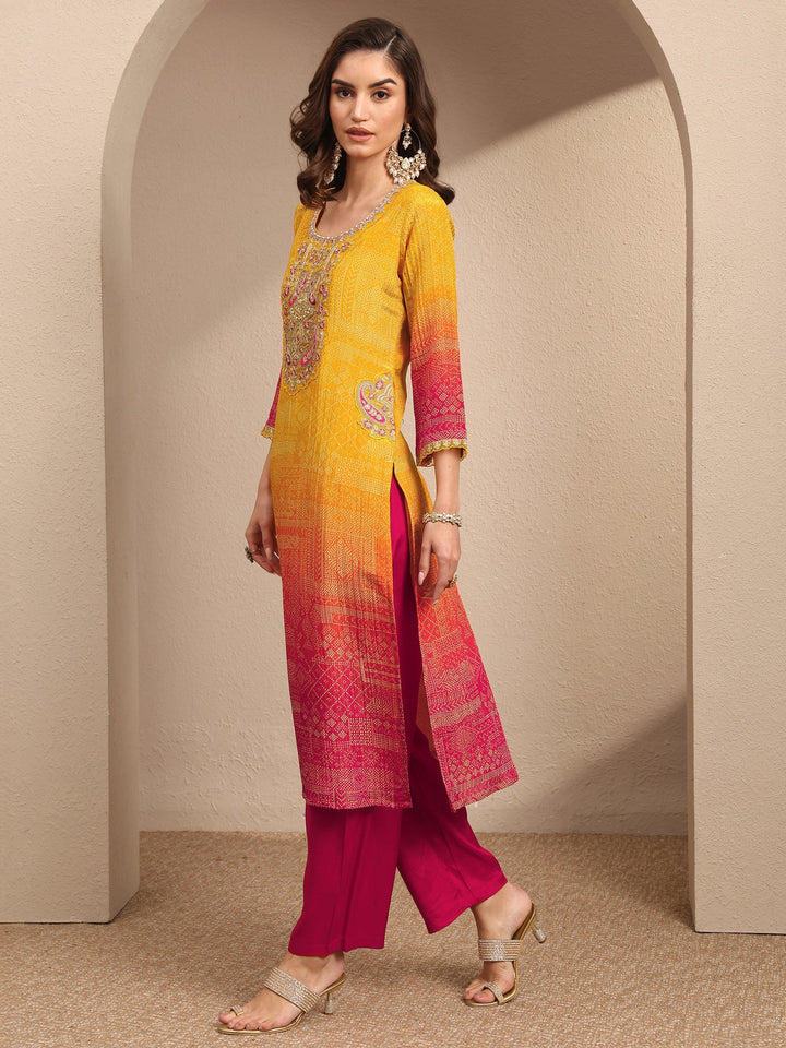 Mustard Bandhani Printed Silk Blend Suit Set With Dupatta
