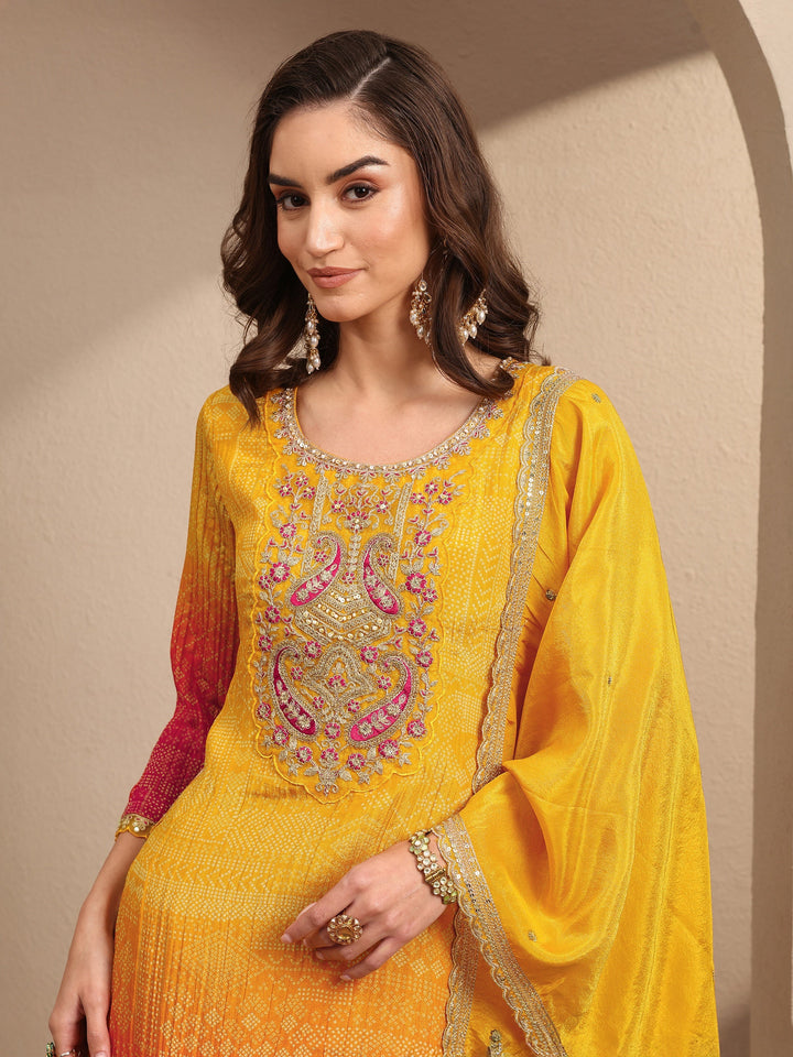 Mustard Bandhani Printed Silk Blend Suit Set With Dupatta