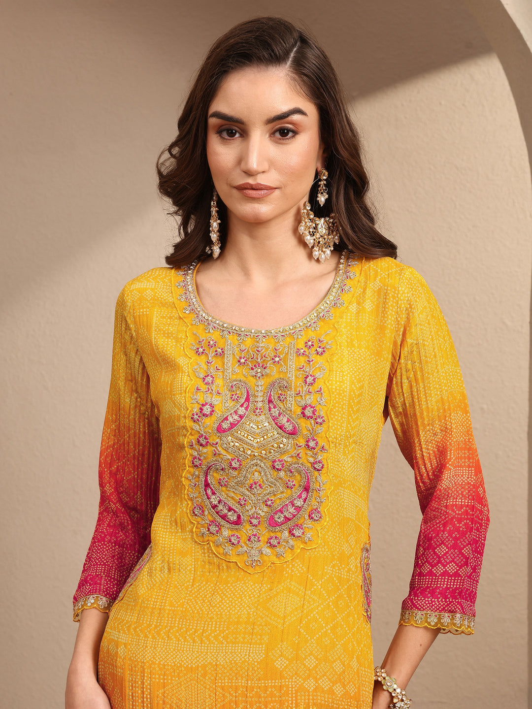 Mustard Bandhani Printed Silk Blend Suit Set With Dupatta