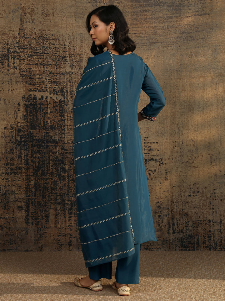Teal Embroidered Silk Blend Straight Suit Set With Dupatta