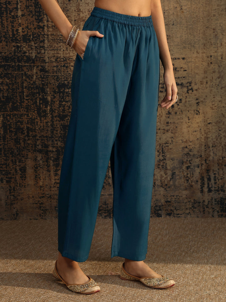 Teal Embroidered Silk Blend Straight Suit Set With Dupatta