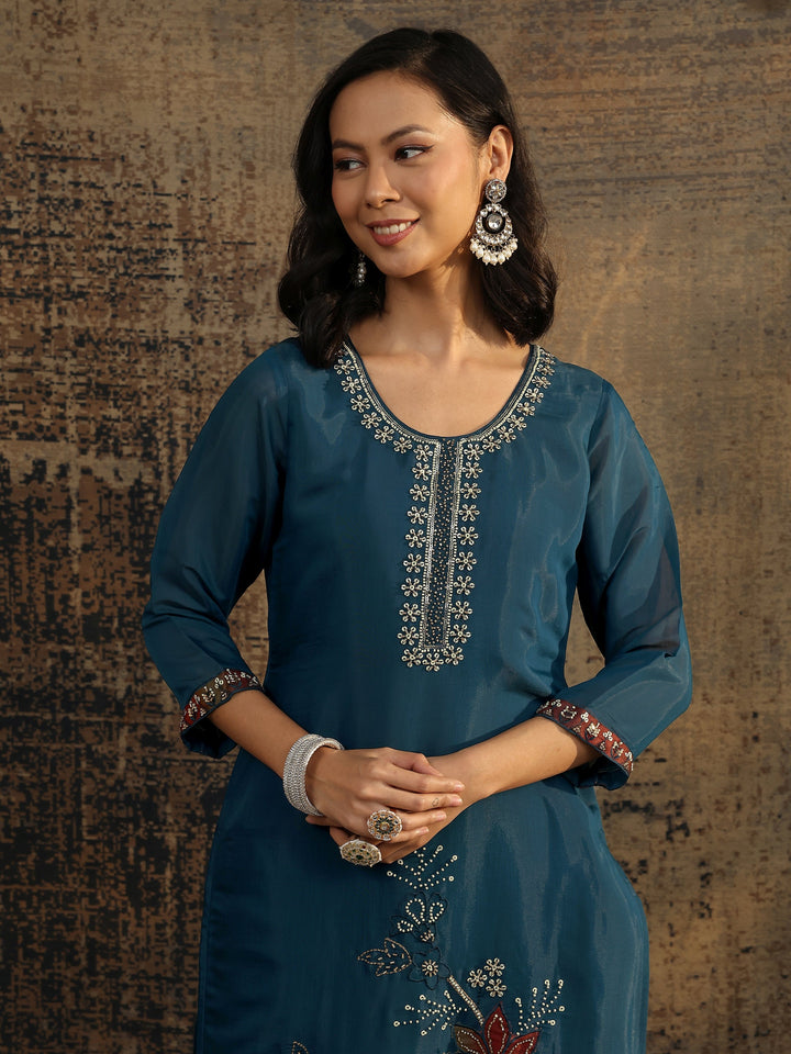 Teal Embroidered Silk Blend Straight Suit Set With Dupatta