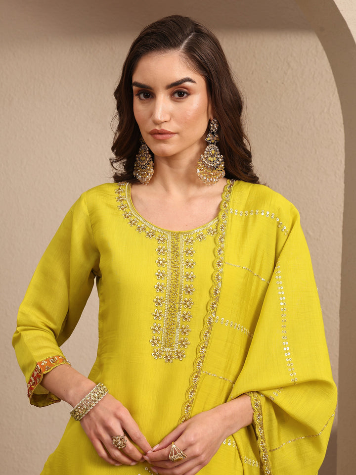 Lime green Embroidered Silk blend Straight Suit Set With Dupatta