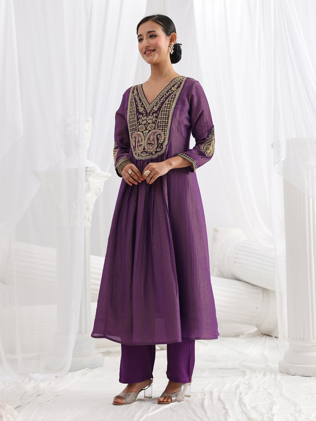 Libas Art Purple Paisley Embroidered Silk Blend A-Line Suit Set With Dupatta