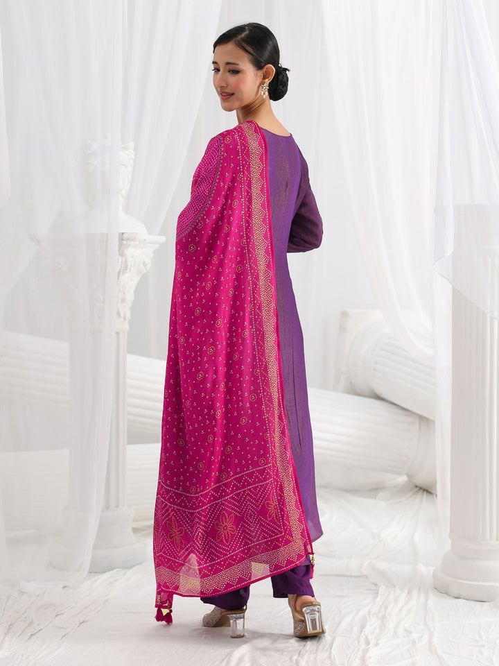 Libas Art Purple Paisley Embroidered Silk Blend A-Line Suit Set With Dupatta