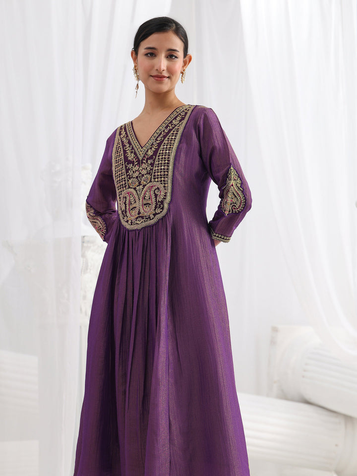 Libas Art Purple Paisley Embroidered Silk Blend A-Line Suit Set With Dupatta