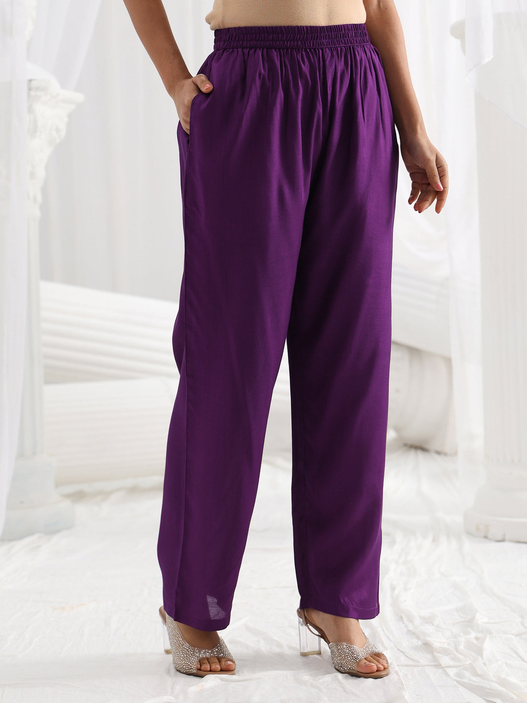 Libas Art Purple Paisley Embroidered Silk Blend A-Line Suit Set With Dupatta