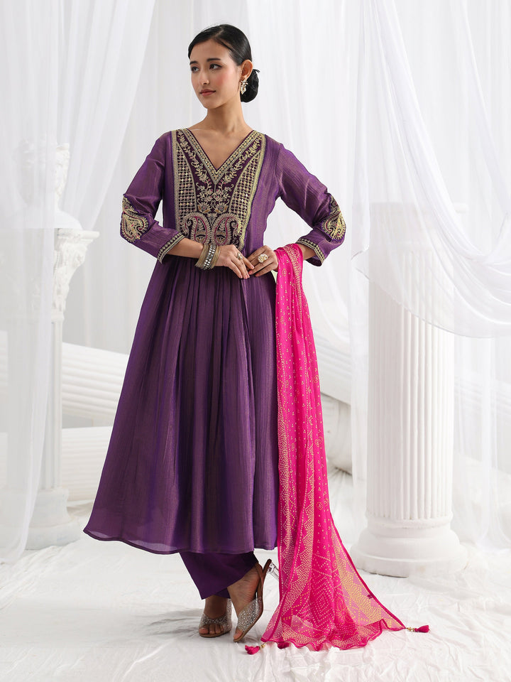 Libas Art Purple Paisley Embroidered Silk Blend A-Line Suit Set With Dupatta
