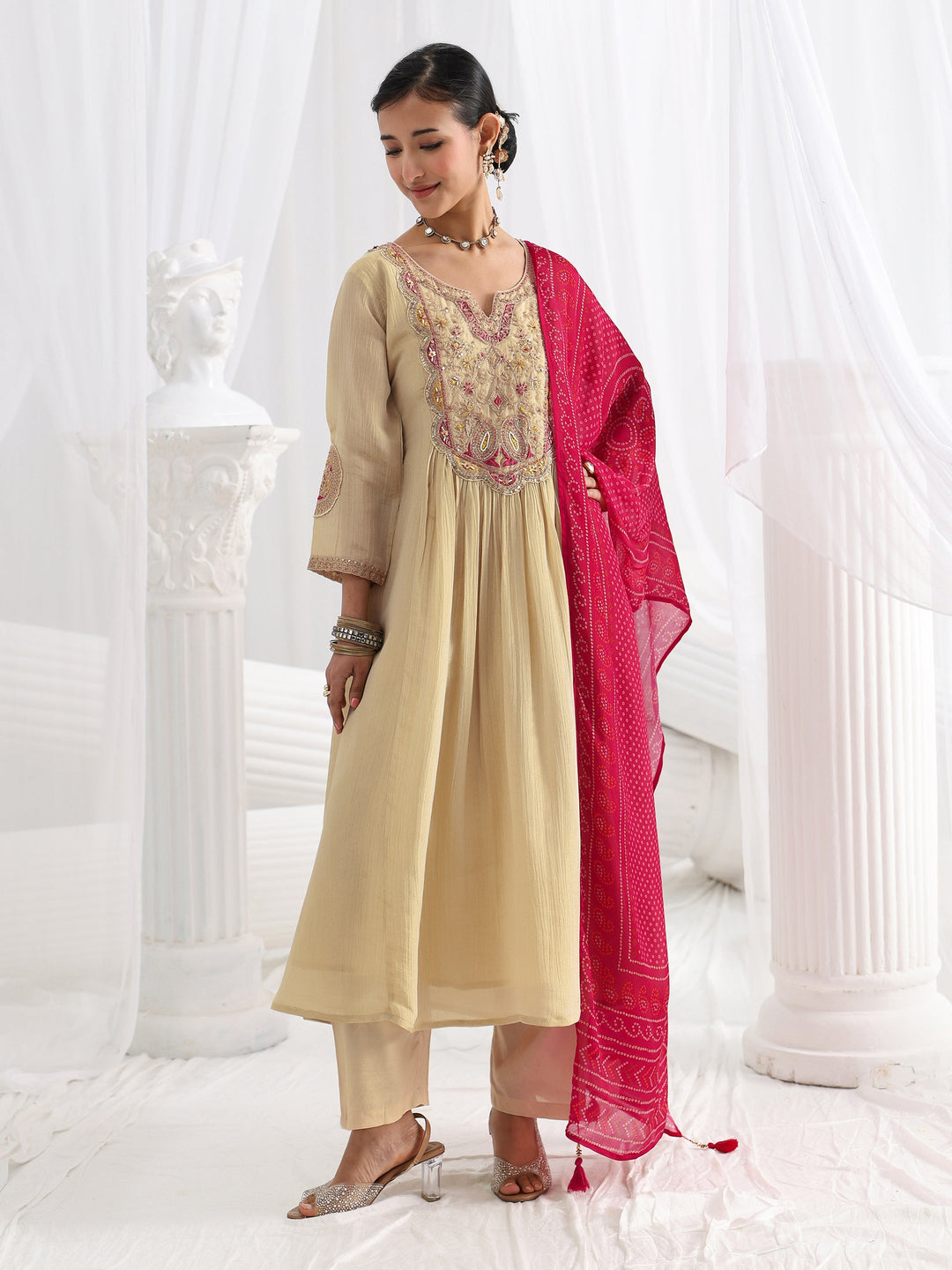 Libas Art Beige Paisley Embroidered Silk Blend A-Line Suit Set With Dupatta