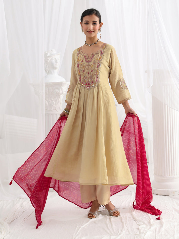 Libas Art Beige Paisley Embroidered Silk Blend A-Line Suit Set With Dupatta