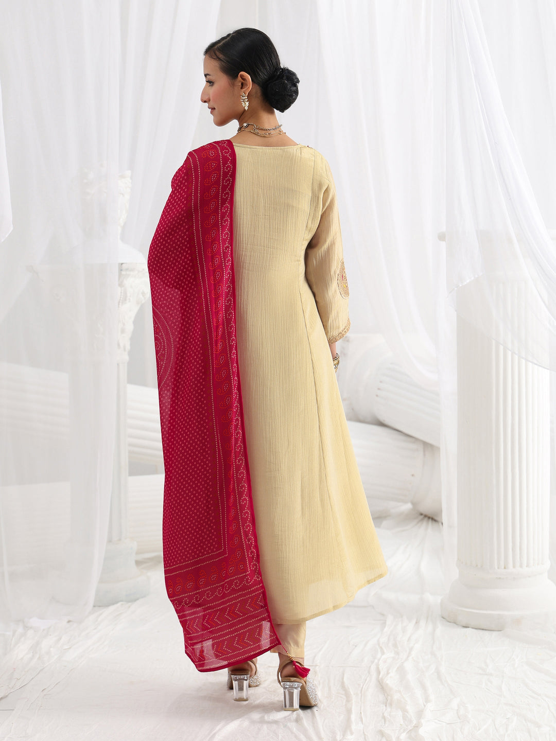 Libas Art Beige Paisley Embroidered Silk Blend A-Line Suit Set With Dupatta