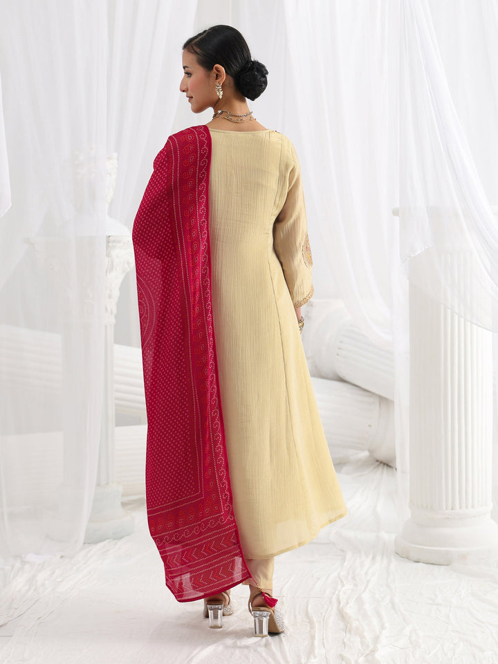 Libas Art Beige Paisley Embroidered Silk Blend A-Line Suit Set With Dupatta