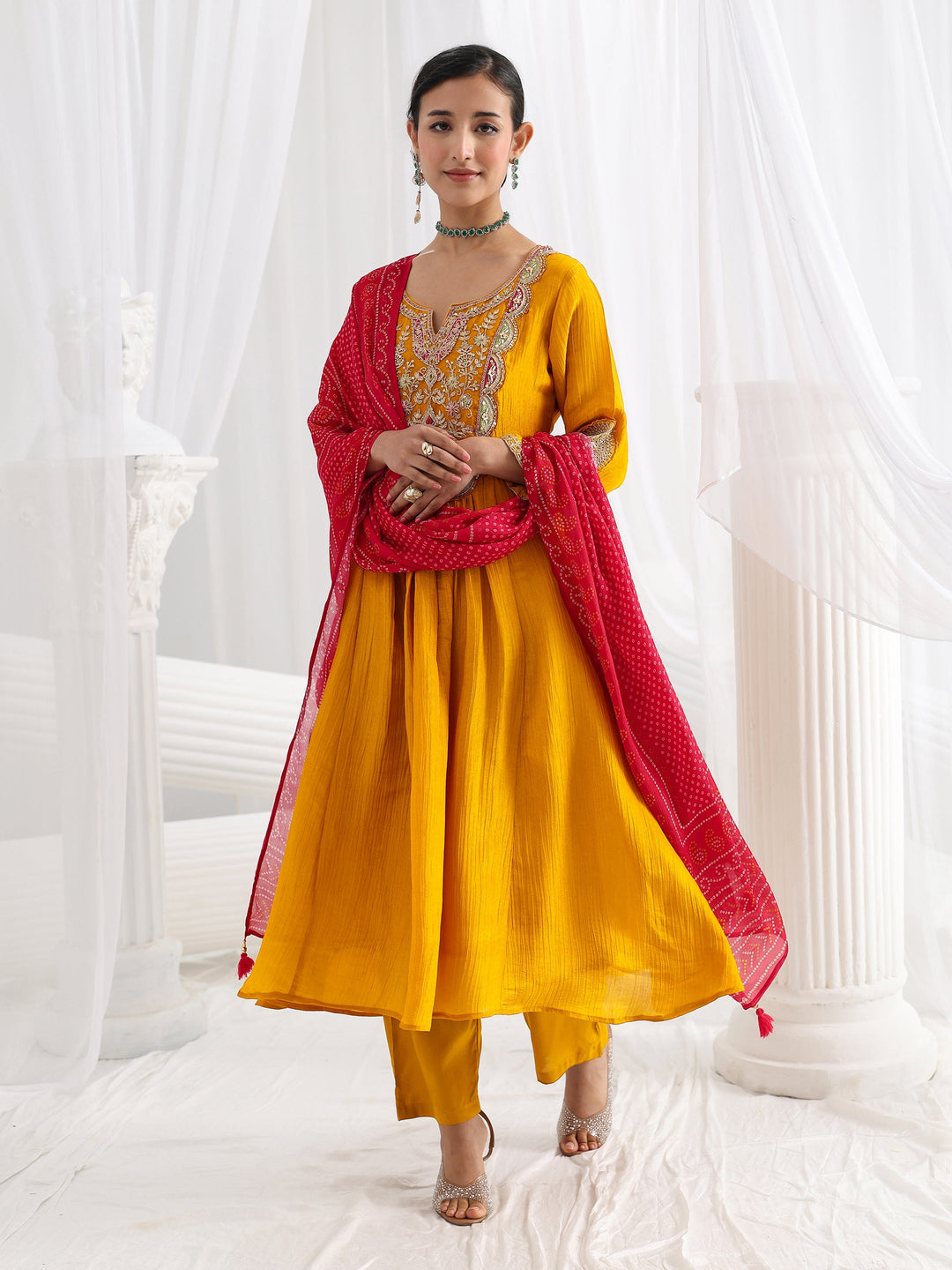 Libas Art Mustard Embroidered Silk Blend A-Line Suit Set With Dupatta